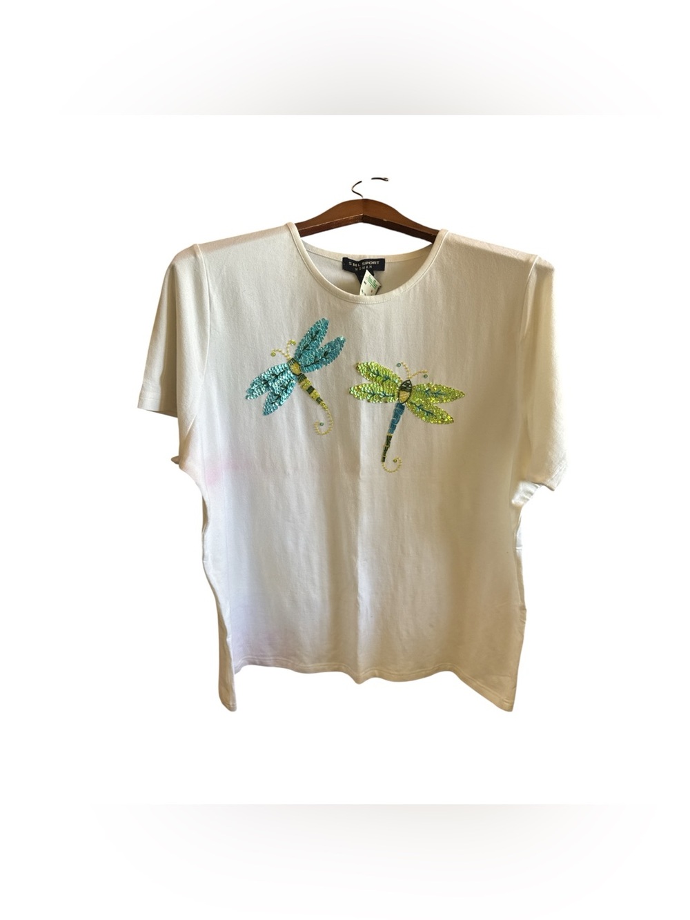 SML Sport Woman Cotton White Tee with Blue & Green Sequin Dragonflies SIZE 2XL